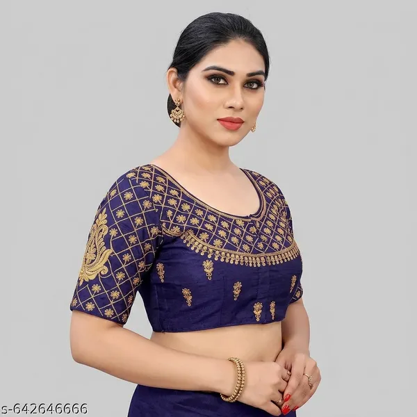 Navy_Blue_Silk_Embroidered_Padded_Blouse_For_Women