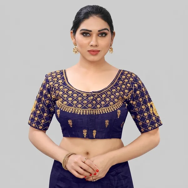 Navy_Blue_Silk_Embroidered_Padded_Blouse_For_Women