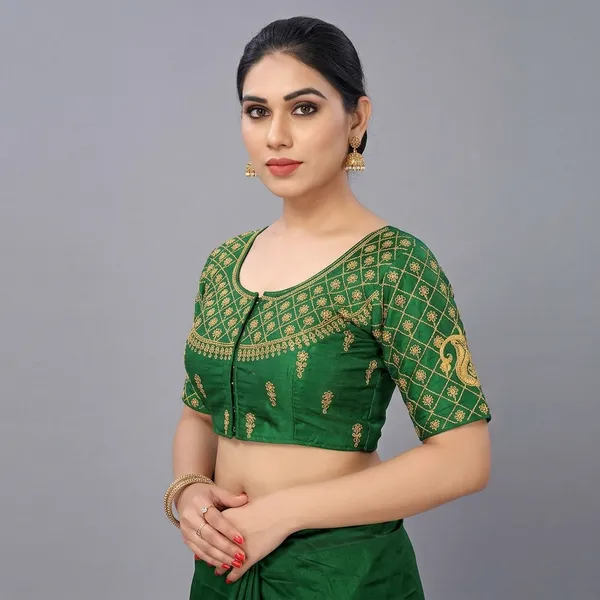 Green_Silk_Embroidered_Round_Neck_Blouse_For_Women