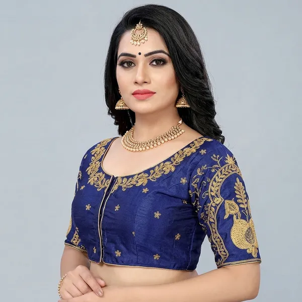 Navy_Blue_Silk_Embroidered_Padded_Blouse_For_Women