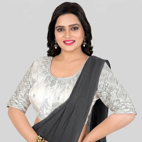Silver_Silk_Padded_Front_Open_Round_Neck_Blouse_For_Women
