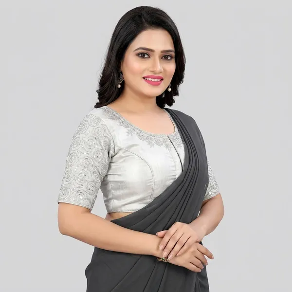 Silver_Silk_Padded_Front_Open_Round_Neck_Blouse_For_Women