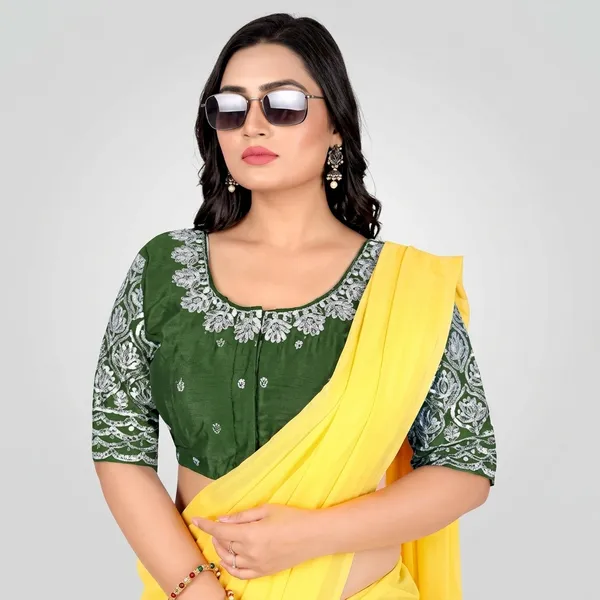 Olive_Silk_Padded_Round_Neck_Blouse_For_Women