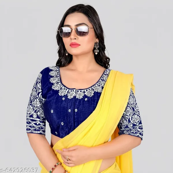 Navy_Blue_Silk_Embroidery_Padded_Round_Neck_Blouse_For_Women