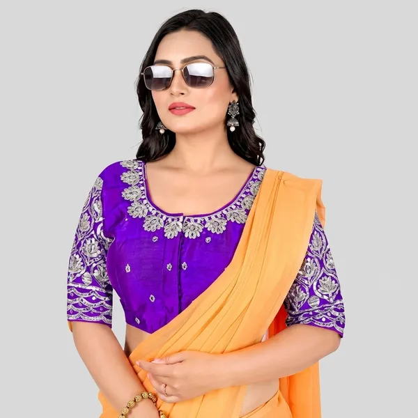 Purple_Silk_Padded_Round_Neck_Blouse_For_Women