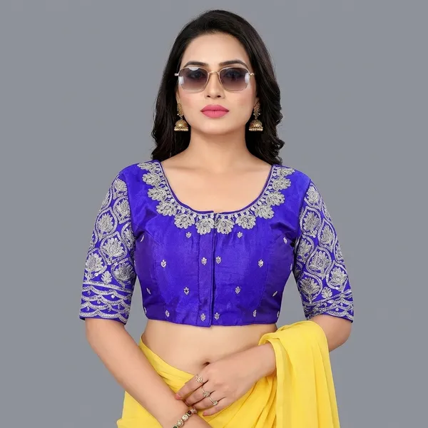 Blue_Silk_Padded_Front_Open_Round_Neck_Blouse_For_Women