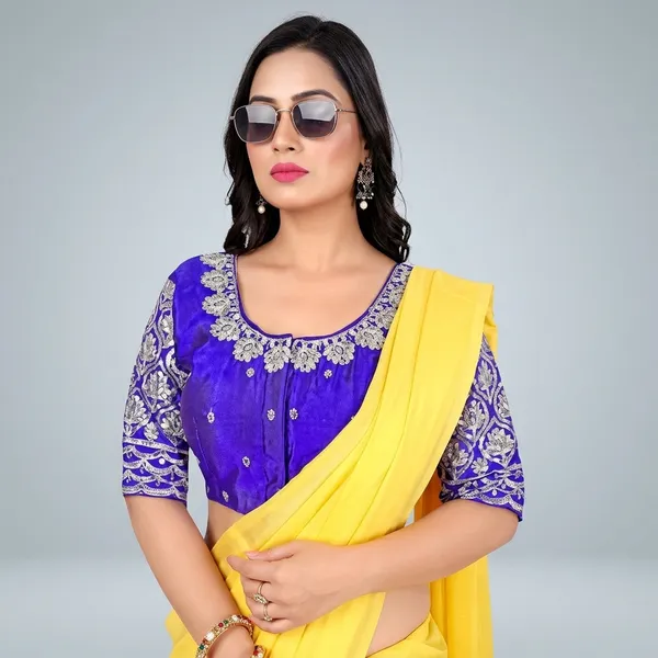 Blue_Silk_Padded_Front_Open_Round_Neck_Blouse_For_Women
