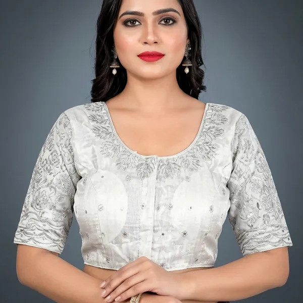 Silver_Silk_Embroidered_Round_Neck_Blouse_For_Women