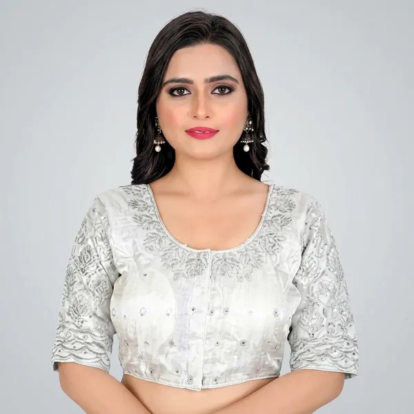 Silver_Silk_Embroidered_Round_Neck_Blouse_For_Women