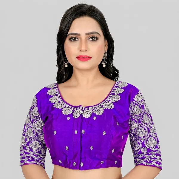Purple_Silk_Padded_Short_Sleeve_Embroidered_Blouse_For_Women