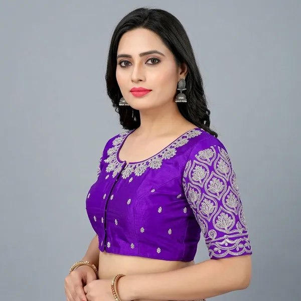 Purple_Silk_Padded_Short_Sleeve_Embroidered_Blouse_For_Women