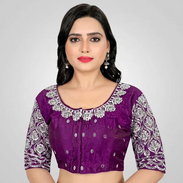 Wine_Silk_Padded_Embroidered_Round_Neck_Blouse_For_Women