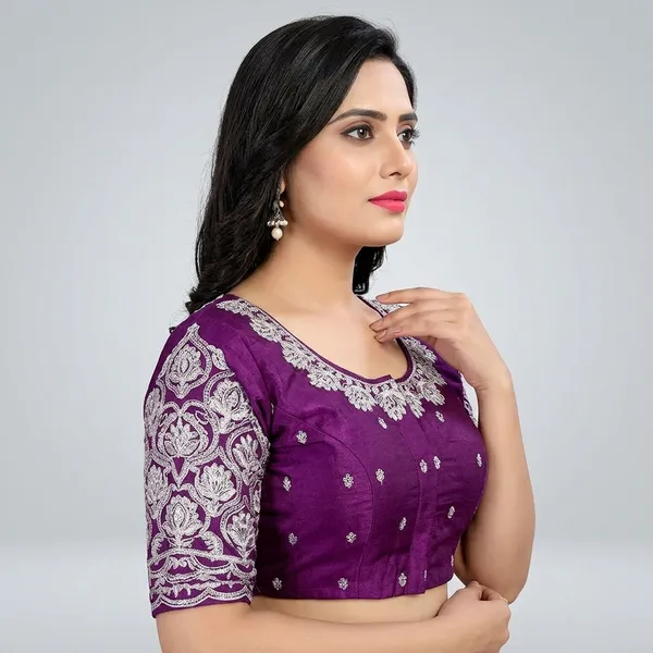 Wine_Silk_Padded_Embroidered_Round_Neck_Blouse_For_Women