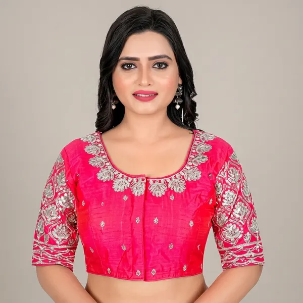 Pink_Silk_Padded_Round_Neck_Blouse_For_Women