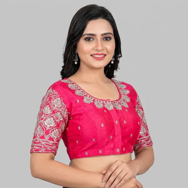 Pink_Silk_Padded_Round_Neck_Blouse_For_Women