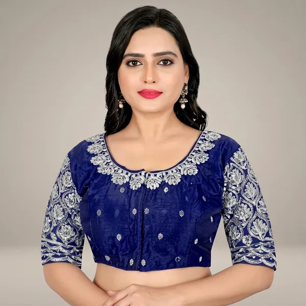 Navy_Blue_Silk_Padded_Round_Neck_Blouse_For_Women