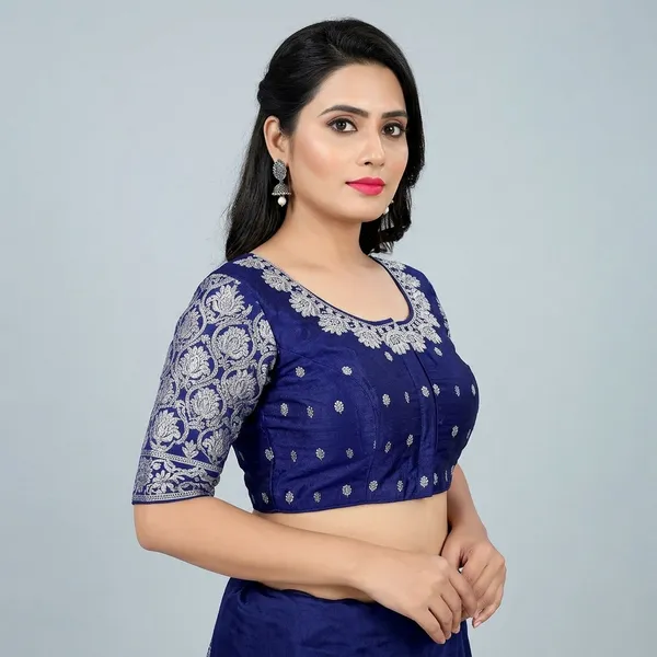 Navy_Blue_Silk_Padded_Round_Neck_Blouse_For_Women