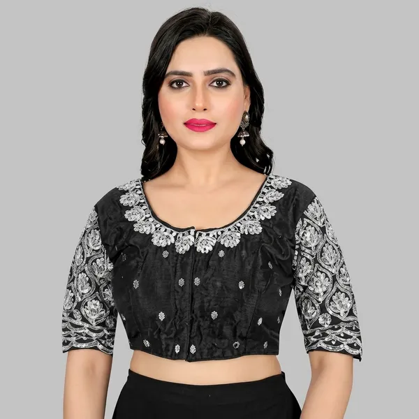 Black_Silk_Padded_Front_Open_Round_Neck_Blouse_For_Women