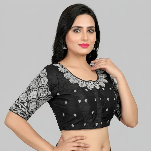Black_Silk_Padded_Front_Open_Round_Neck_Blouse_For_Women