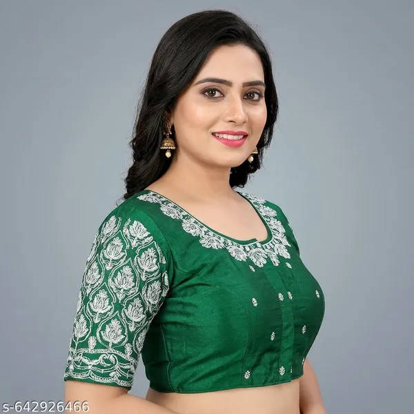 Green_Silk_Padded_Round_Neck_Blouse_For_Women