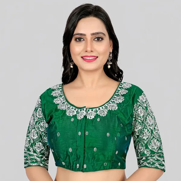 Green_Silk_Padded_Round_Neck_Blouse_For_Women