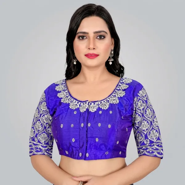 Blue_Silk_Padded_Round_Neck_Blouse_For_Women