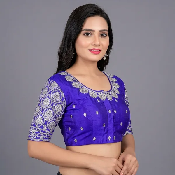 Blue_Silk_Padded_Round_Neck_Blouse_For_Women