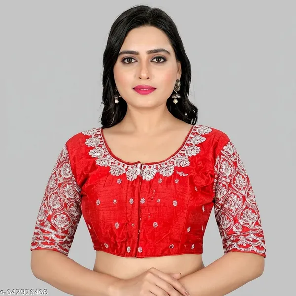 Red_Silk_Padded_Short_Sleeve_Embroidered_Blouse_For_Women