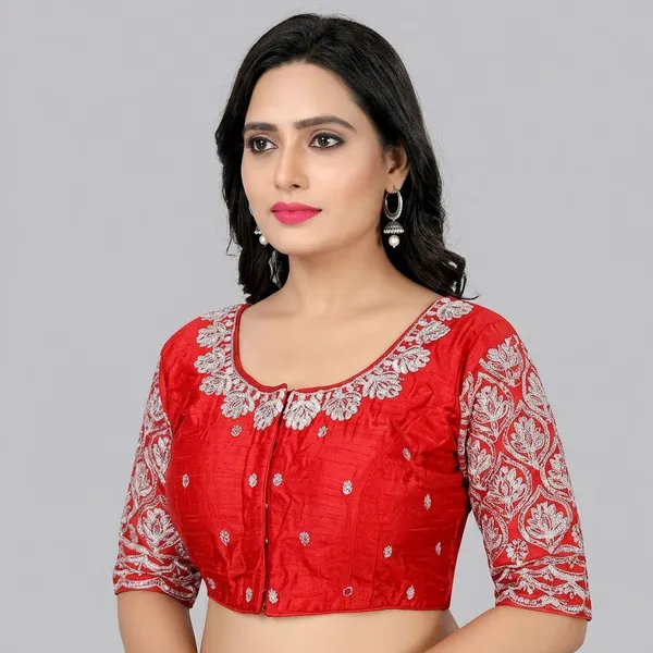 Red_Silk_Padded_Short_Sleeve_Embroidered_Blouse_For_Women