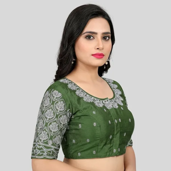 Olive_Silk_Padded_Round_Neck_Blouse_For_Women