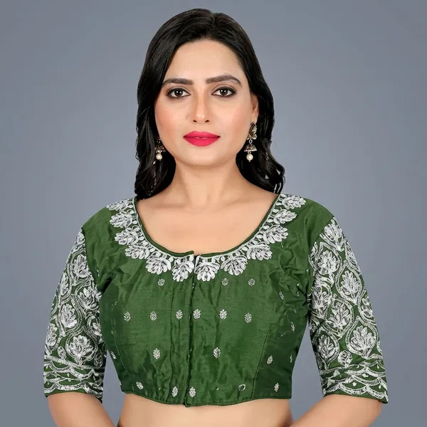 Olive_Silk_Padded_Round_Neck_Blouse_For_Women