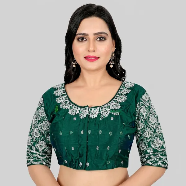 Dark_Green_Silk_Padded_Floral_Embroidery_Blouse_For_Women