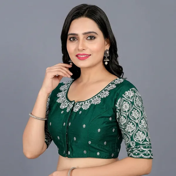 Dark_Green_Silk_Padded_Floral_Embroidery_Blouse_For_Women