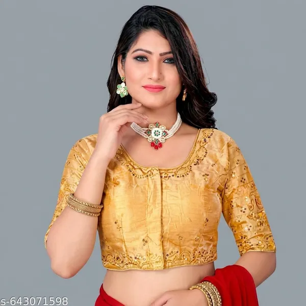 Gold_Silk_Padded_Round_Neck_Blouse_For_Women