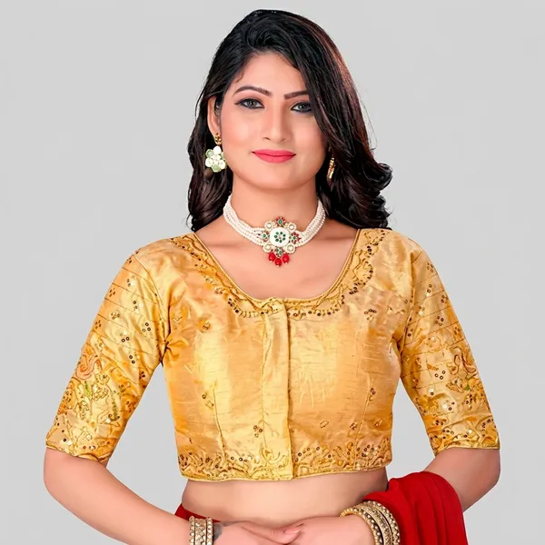 Gold_Silk_Padded_Round_Neck_Blouse_For_Women