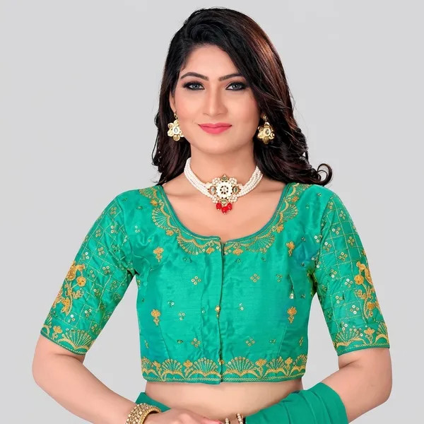 Teal_Silk_Padded_Front_Open_Round_Neck_Blouse_For_Women