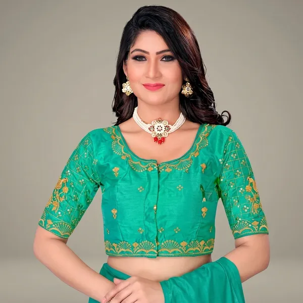 Teal_Silk_Padded_Front_Open_Round_Neck_Blouse_For_Women