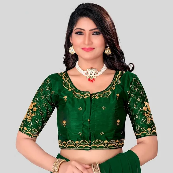 Dark_Green_Silk_Padded_Embroidered_Round_Neck_Blouse_For_Women