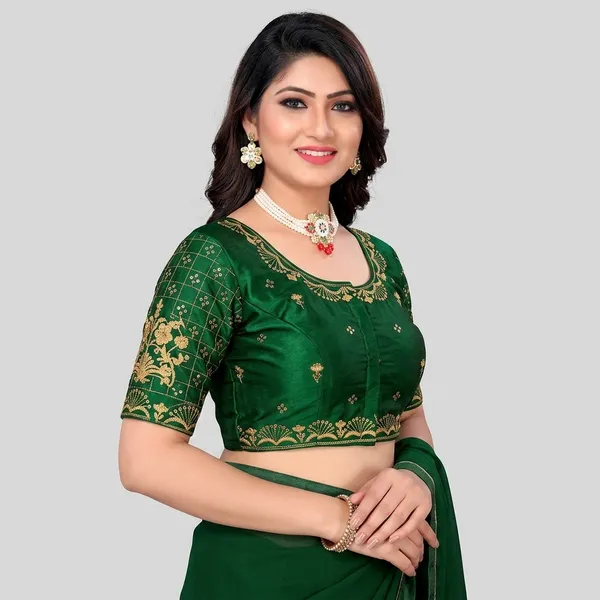 Dark_Green_Silk_Padded_Embroidered_Round_Neck_Blouse_For_Women