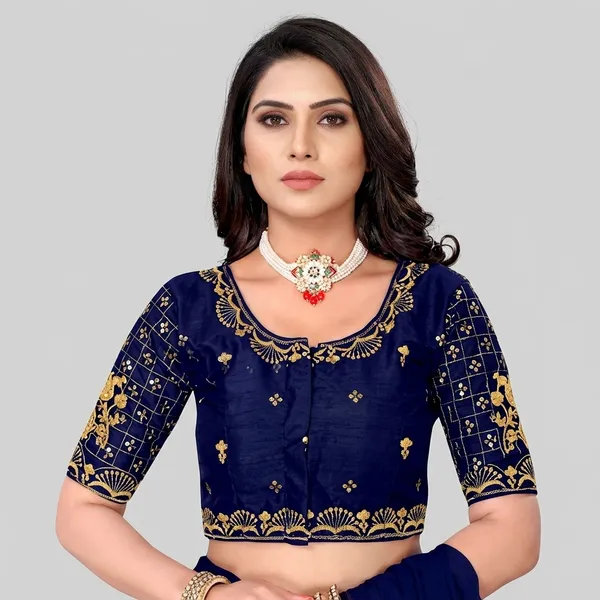 Navy_Blue_Silk_Padded_Round_Neck_Blouse_For_Women