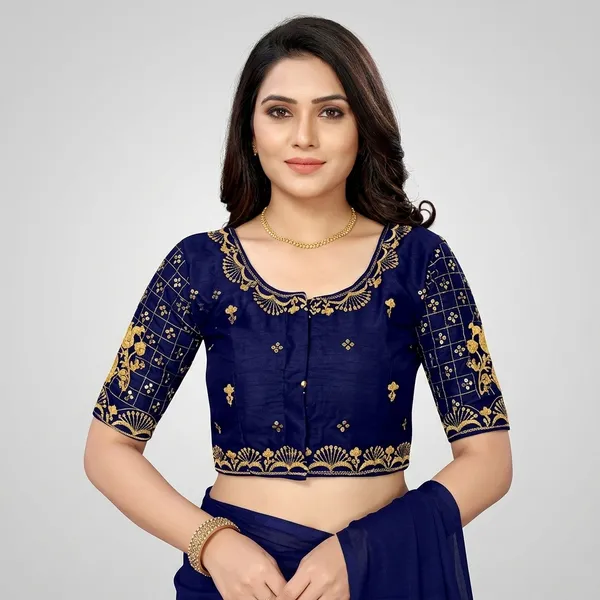 Navy_Blue_Silk_Padded_Round_Neck_Blouse_For_Women