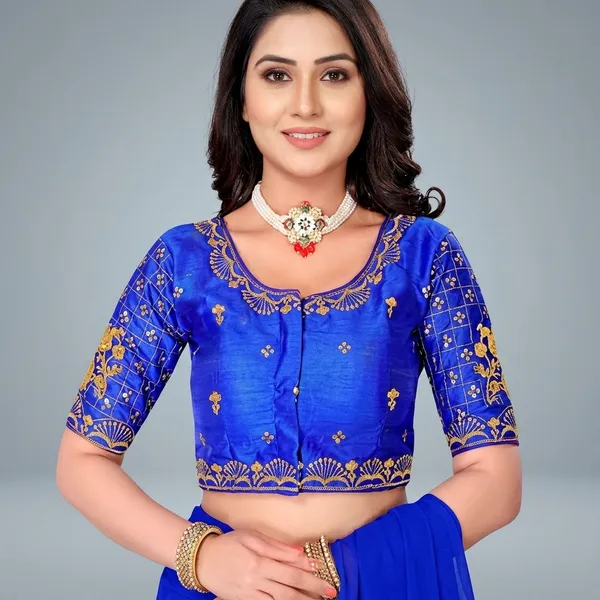 Blue_Silk_Padded_Front_Open_Round_Neck_Blouse_For_Women
