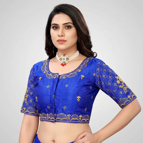 Blue_Silk_Padded_Front_Open_Round_Neck_Blouse_For_Women