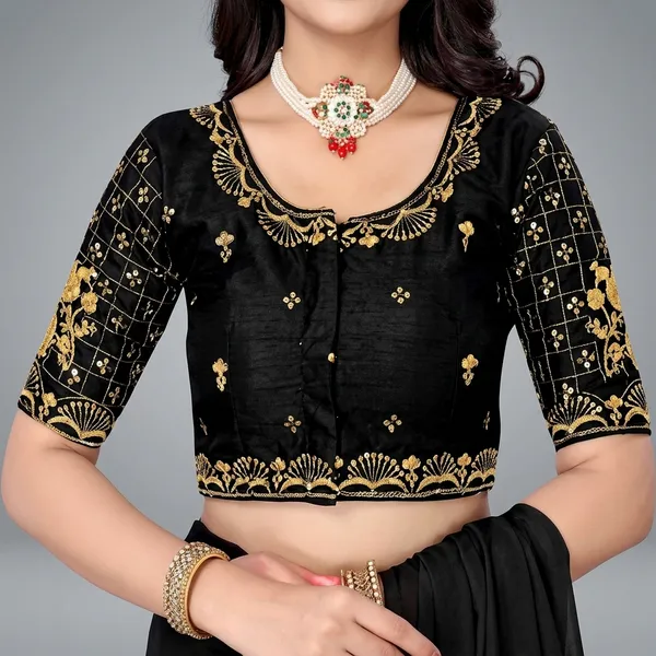 Black_Silk_Padded_Round_Neck_Blouse_For_Women