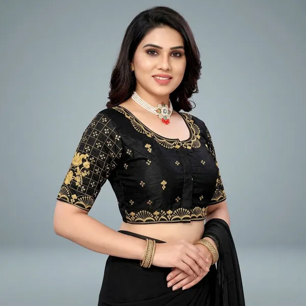 Black_Silk_Padded_Round_Neck_Blouse_For_Women