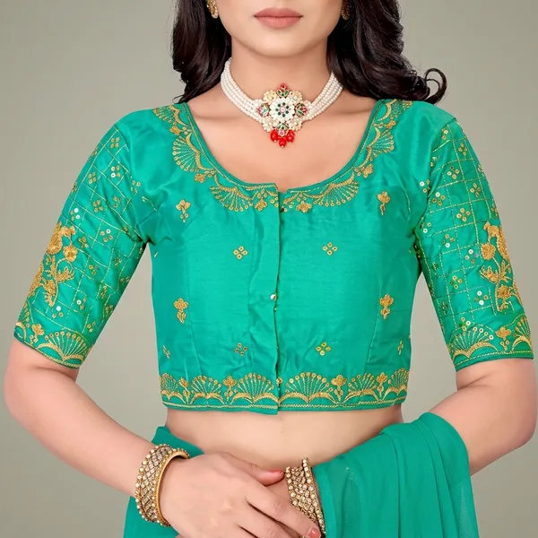 Teal_Silk_Padded_Round_Neck_Blouse_For_Women