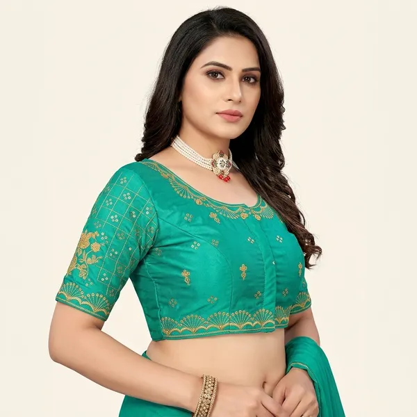 Teal_Silk_Padded_Round_Neck_Blouse_For_Women