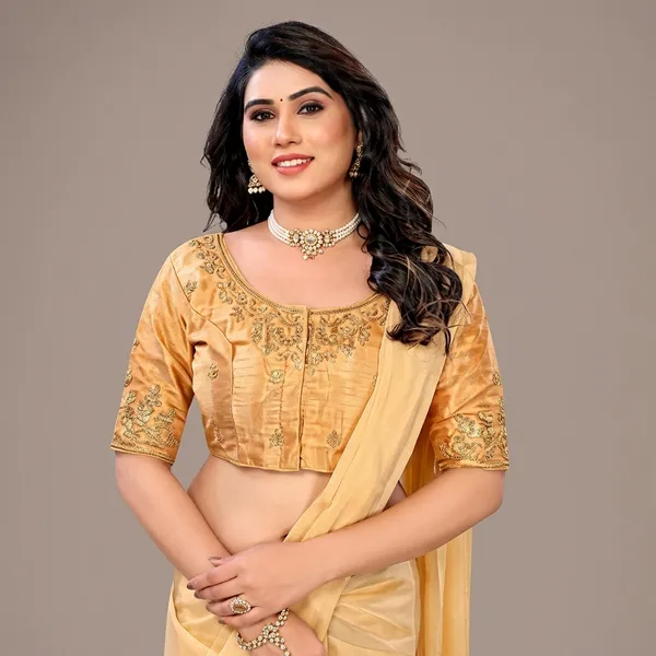 Golden_Silk_Short_Sleeve_Round_Neck_Blouse_For_Women