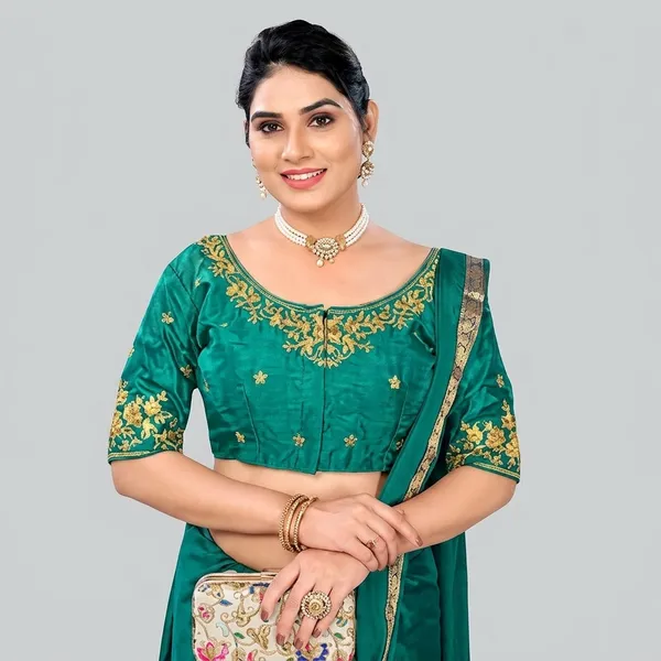 Teal_Silk_Embroidered_Round_Neck_Padded_Blouse_For_Women