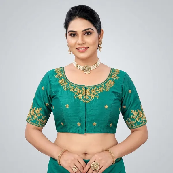 Teal_Silk_Embroidered_Round_Neck_Padded_Blouse_For_Women